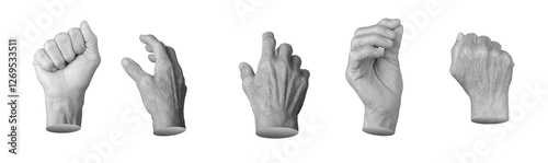 Set of elderly female hands making various gestures, including clenched fist, grabbing, reaching, pinching, and outstretched palms. Wrinkled fingers and visible veins emphasizing age and expression.