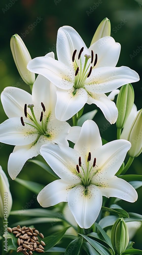 White Lily Flowers Blooming with Brown Seeds and Green Foliage on a Dark Blurred Background White Lily Flowers Blooming with Brown Seeds and Green Foliage on a Dark Blurred Background