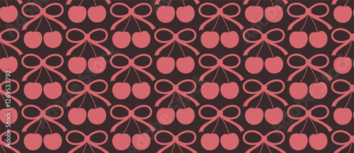 Seamless pattern background with cute coquette pink cherry with ribbon bow icon over dark background. Flirty romantic feminine beautiful pop art print. dark coquettecore aesthetic print