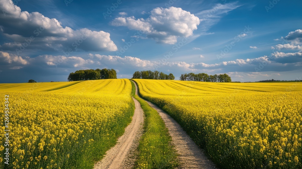 Obraz premium Sunny day, dirt road through yellow rapeseed field, trees in background, idyllic landscape, perfect for travel brochures
