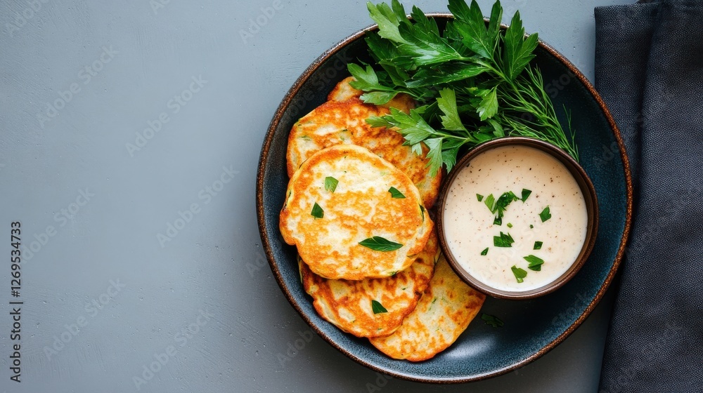Flat lay of zucchini fritters with oats and herb garnish on rustic plate. Flat lay of zucchini fritters with oats and herb garnish on rustic plate.