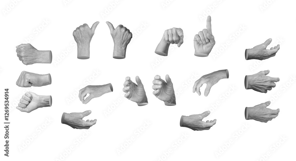 Obraz premium Set of elderly female hands making various gestures, including grabbing, fist, pointing, thumbs up, pinching, and reaching. Wrinkled fingers and visible veins emphasizing age and expression. Isolated