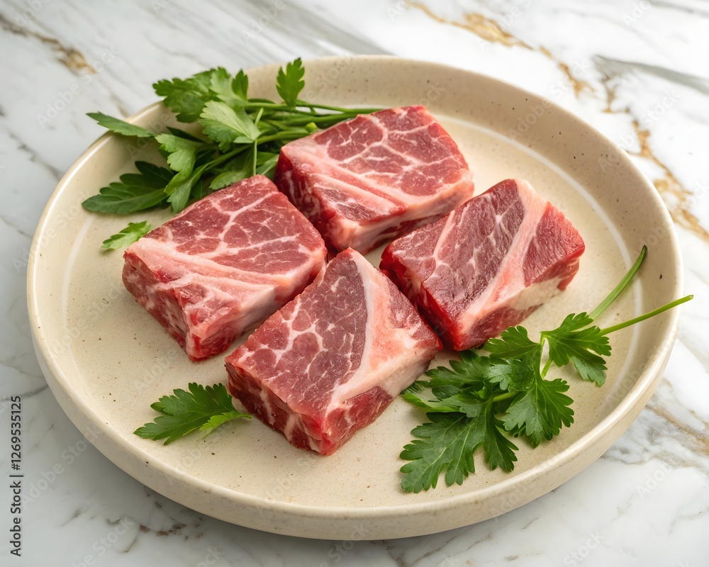raw marbled beef short ribs with fresh parsley garnish on marble plate raw marbled beef short ribs with fresh parsley garnish on marble plate