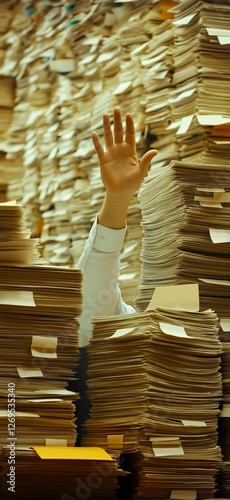 Office worker raising hand behind huge stacks of paper, overwhelmed by too much paperwork, bureaucracy or taxes concept