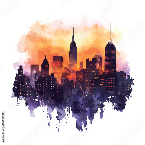 A city skyline with the Empire State Building in the foreground. The sky is orange and the buildings are lit up at night