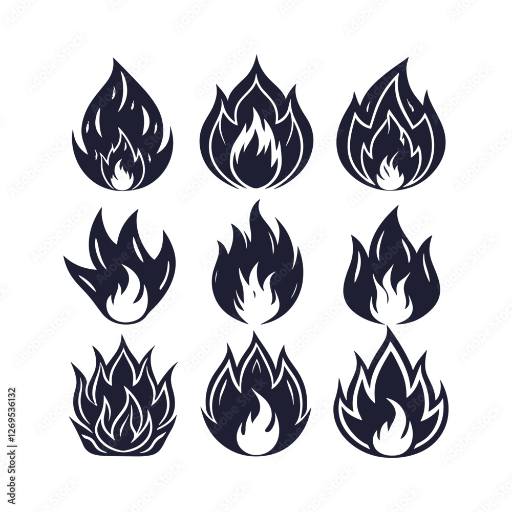 Collection of fire icons. Flame fire symbols. Conceptual fire flame icons. Bonfire silhouette logo. Set of flat-style flame symbols. Collection of fire icons. Flame fire symbols. Conceptual fire flame icons. Bonfire silhouette logo. Set of flat-style flame symbols.