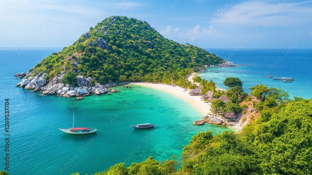 Obraz premium A beautiful island with a beach and a boat in the water