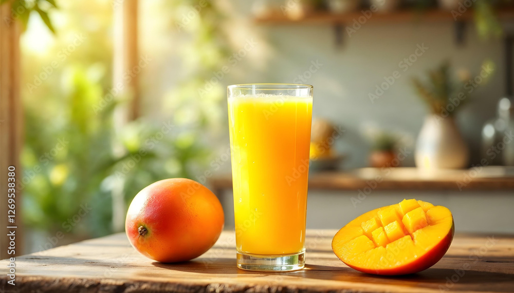 A mango juice on a wooden table A mango juice on a wooden table
