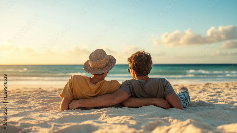 Fototapeta premium Couples Relaxing Together on Beach at Sunset with Ocean View