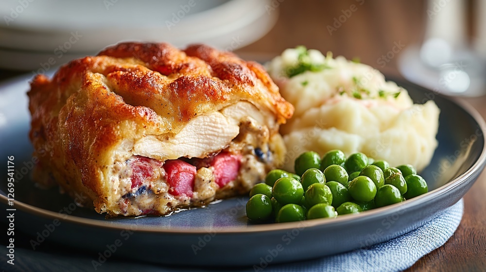 Chicken Cordon Bleu with an extra crispy golden crust, plated with a creamy garlic sauce, served alongside roasted rosemary potatoes Chicken Cordon Bleu with an extra crispy golden crust, plated with a creamy garlic sauce, served alongside roasted rosemary potatoes