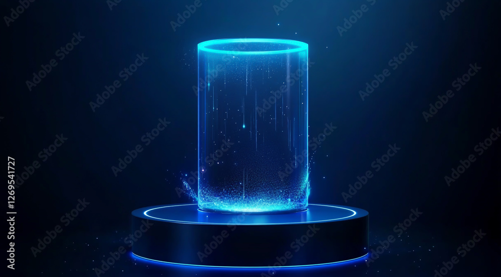 A blue, glowing digital hologram portal on a dark background with tech elements and a circuit board A blue, glowing digital hologram portal on a dark background with tech elements and a circuit board