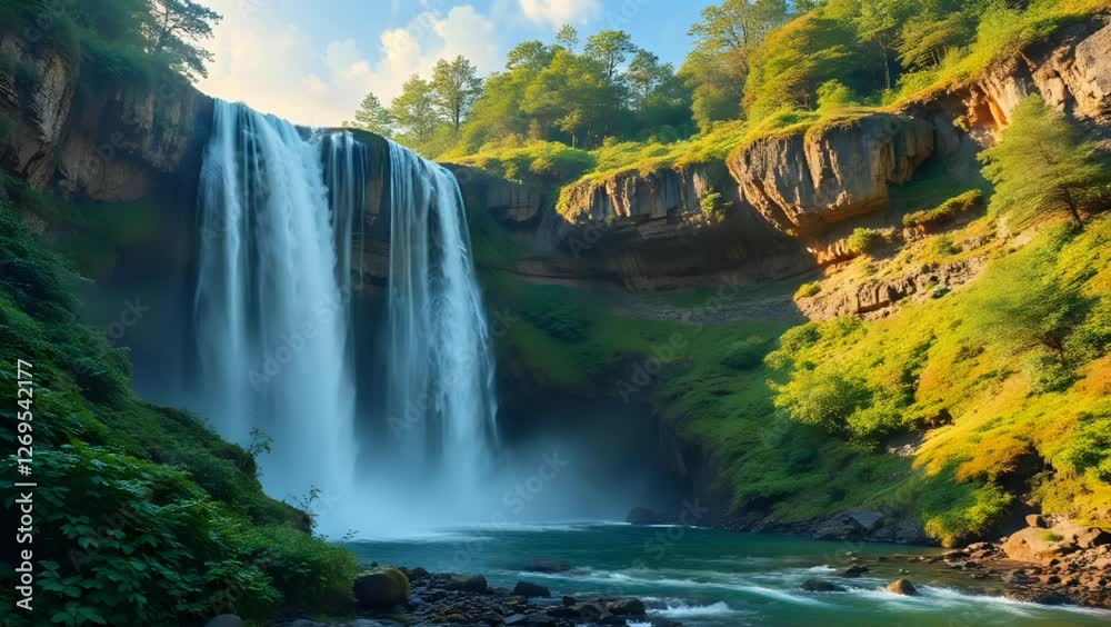 Beautiful waterfall scenario in the morning 