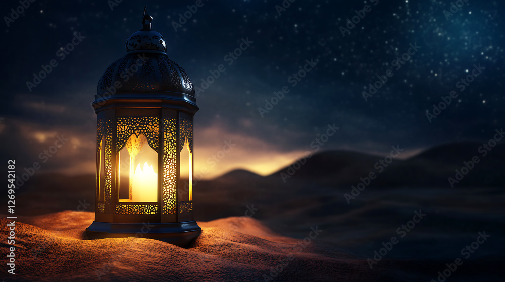 Glowing Arabic Lantern on Desert Sand Under a Starry Night Sky – Perfect for Ramadan, Islamic Festivities, and Spiritual Themes Glowing Arabic Lantern on Desert Sand Under a Starry Night Sky – Perfect for Ramadan, Islamic Festivities, and Spiritual Themes