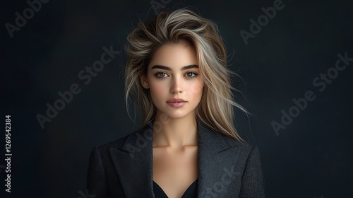 Stunning portrait of a young woman with long light brown hair, blonde highlights, defined eyebrows, high cheekbones, confident look, wearing a gray wool coat, black skirt, ultra-realistic, highly 