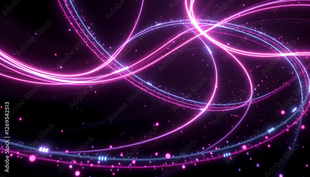 Fototapeta premium Neon pink and blue light streaks on black background, futuristic abstract design