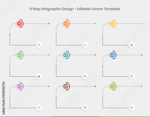 9 Steps Infographics Design Template - Graph, Pie chart, workflow layout, square diagram, brochure, report, presentation, web design Editable Vector illustration on white background