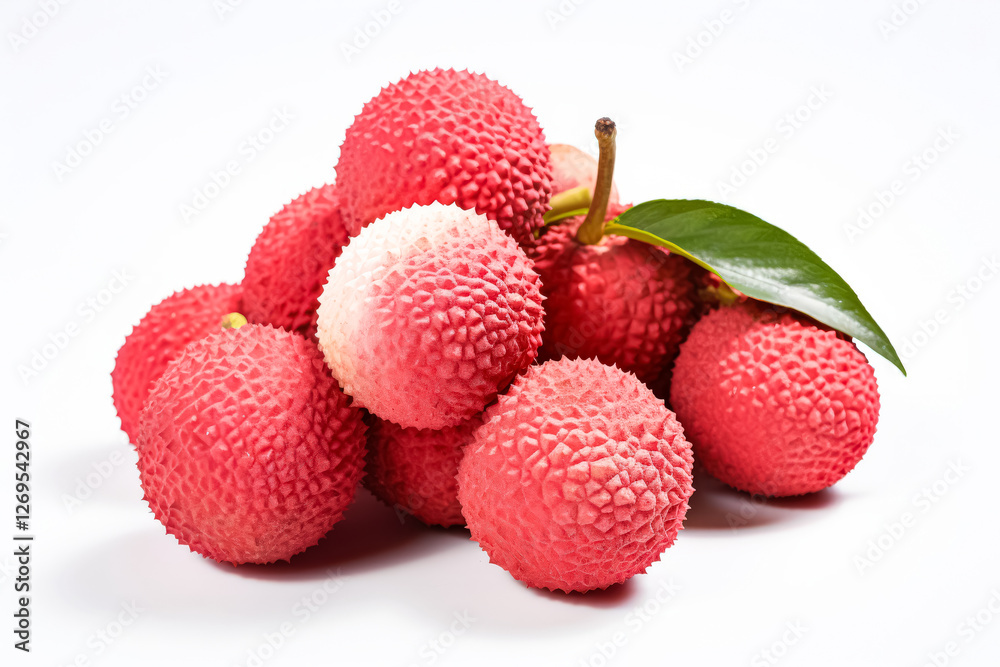 Bunch of red and white lychee with a leaf on top. Bunch of red and white lychee with a leaf on top.