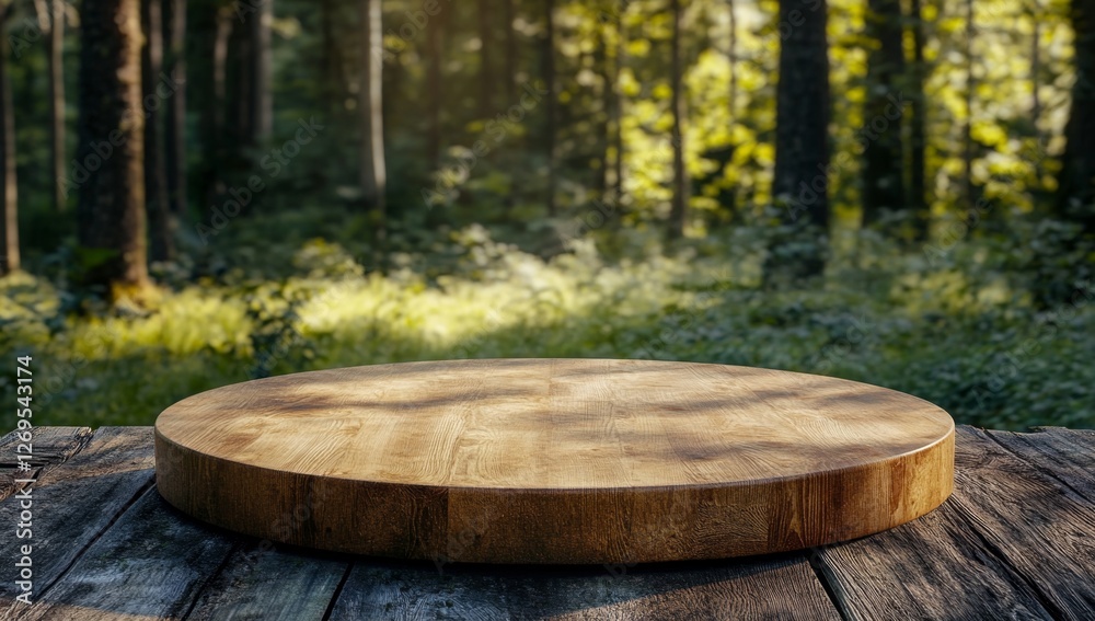 Wooden round cutting board, forest background, empty display, sunlight Wooden round cutting board, forest background, empty display, sunlight