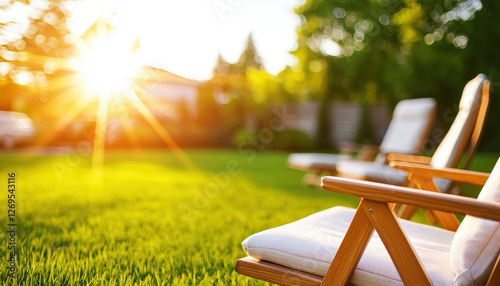 Relaxing lawn chairs with cushions on vibrant green grass in sunlight