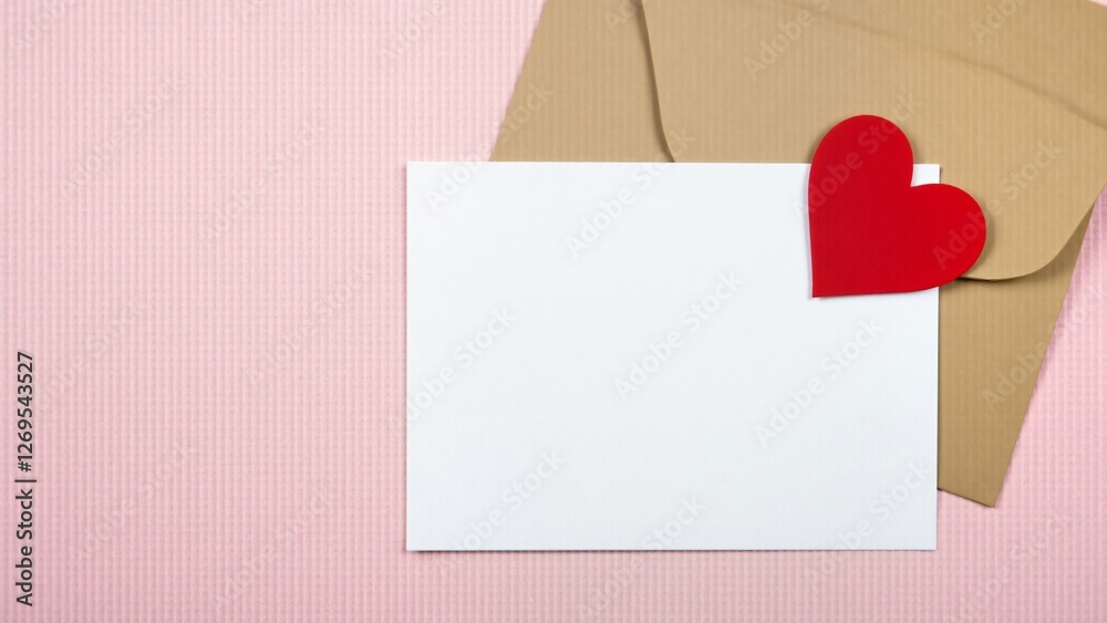 Blank White Card with Red Heart on Kraft Envelope, Pink Background Blank White Card with Red Heart on Kraft Envelope, Pink Background