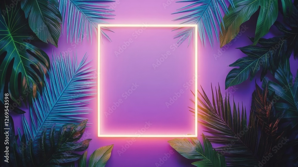 Neon frame with tropical leaves and blue glowing light for modern interior decoration