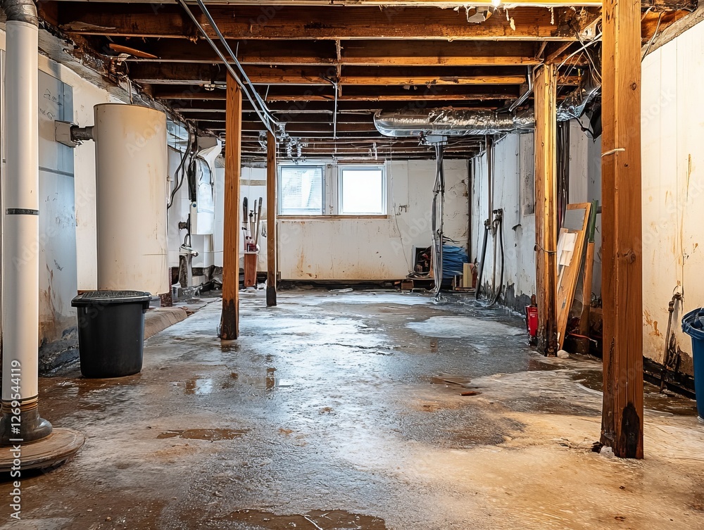 Abandoned basement with flood water and beams. Abandoned basement with flood water and beams.
