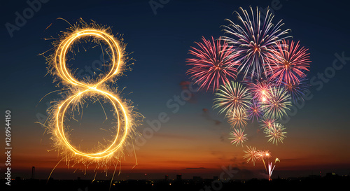 Number eight in golden yellow made of fireworks. With a cluster of colorful fireworks exploding in the twilight sky, generative ai