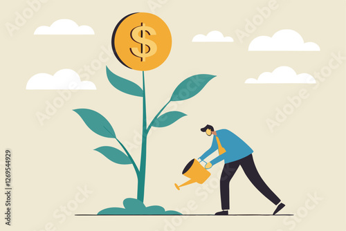 Financial or investment growth, increase earning profit and capital gain, success in wealth management concept, smart businessman investor finish watering growing money plant seedling with coin flower
