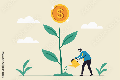 Financial or investment growth, increase earning profit and capital gain, success in wealth management concept, smart businessman investor finish watering growing money plant seedling with coin flower