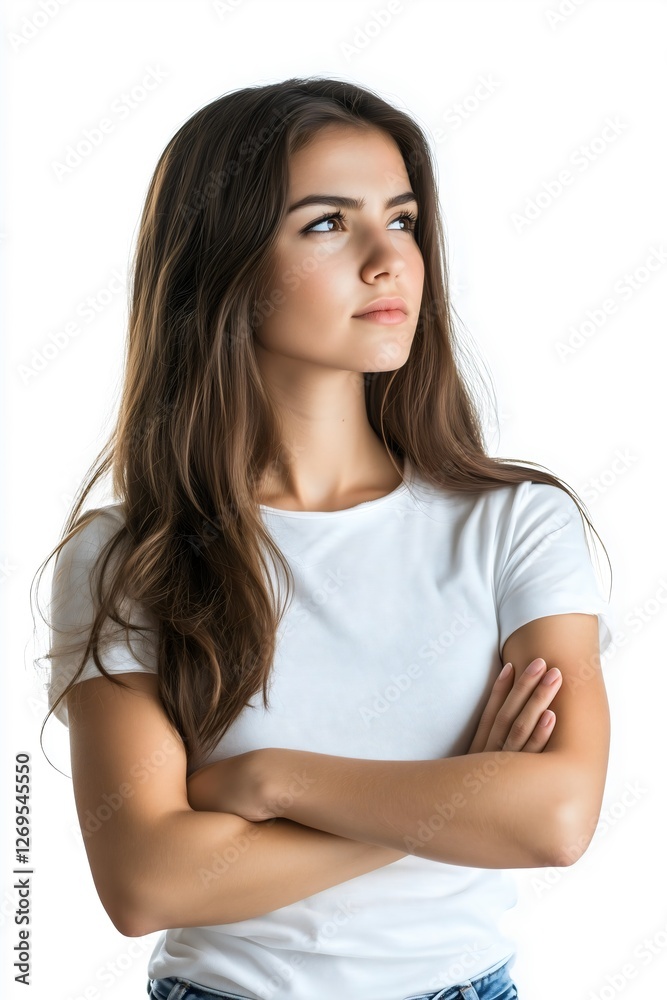 confident young woman in white t-shirt looking up confident young woman in white t-shirt looking up