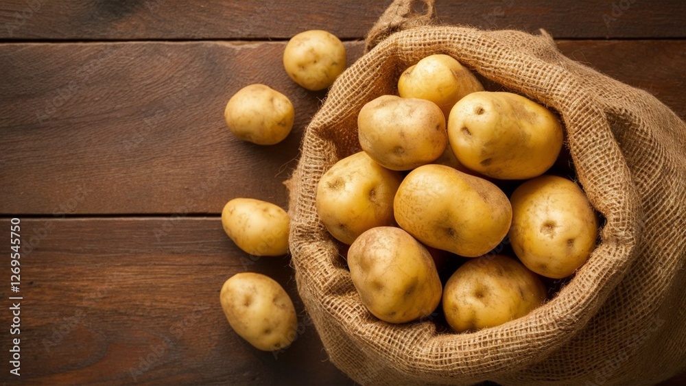 Potatoes scattered out from an old sack or burlap sack on wooden background. Top view Potatoes scattered out from an old sack or burlap sack on wooden background. Top view