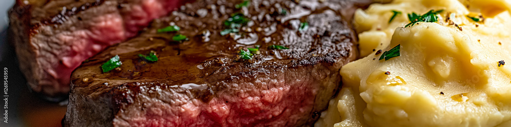 Juicy sliced ribeye steak resting on a bed of creamy mashed potatoes, drizzled with garlic butter sauce and garnished with fresh parsley Juicy sliced ribeye steak resting on a bed of creamy mashed potatoes, drizzled with garlic butter sauce and garnished with fresh parsley
