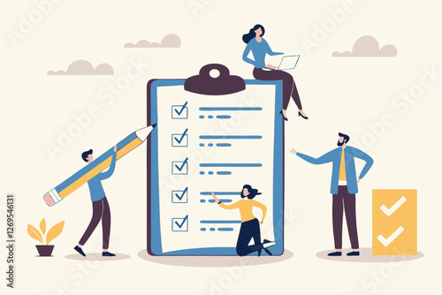 Checklist to complete project task, accomplish work checkmark, todo list clipboard or project status report, plan to finish work concept, business people holding pencil complete task checkbox.