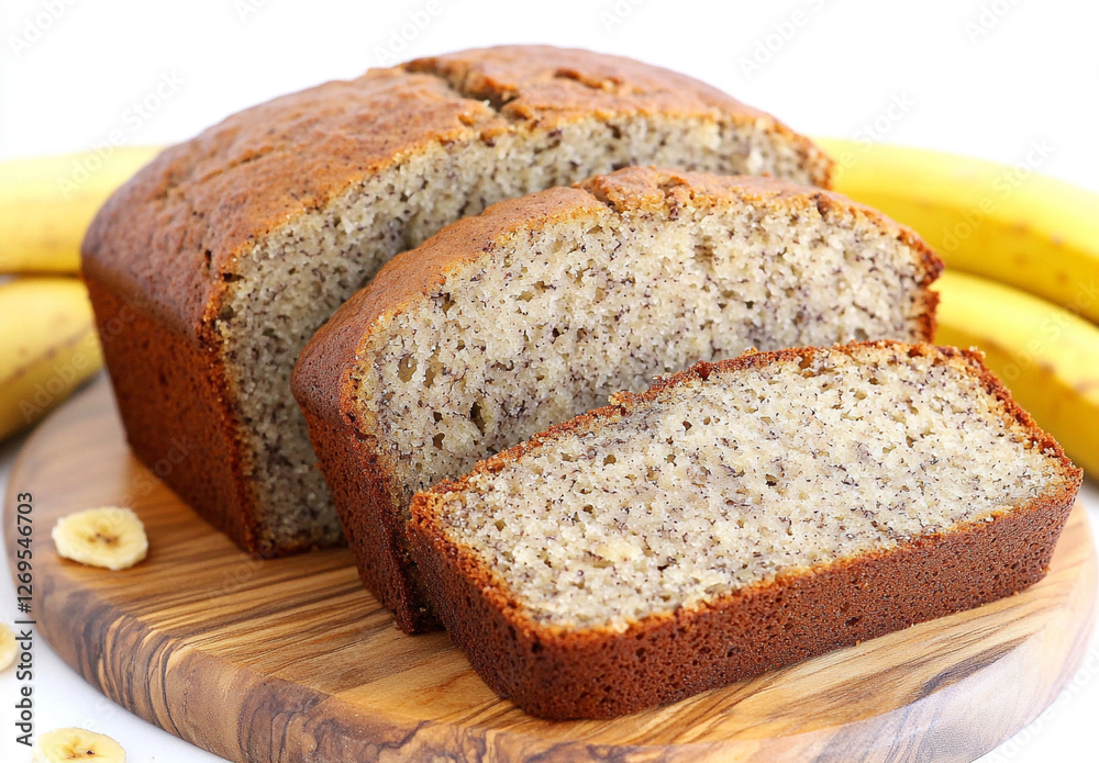 Delicious Homemade Banana Bread Slices on a Wooden Surface, White Background Delicious Homemade Banana Bread Slices on a Wooden Surface, White Background