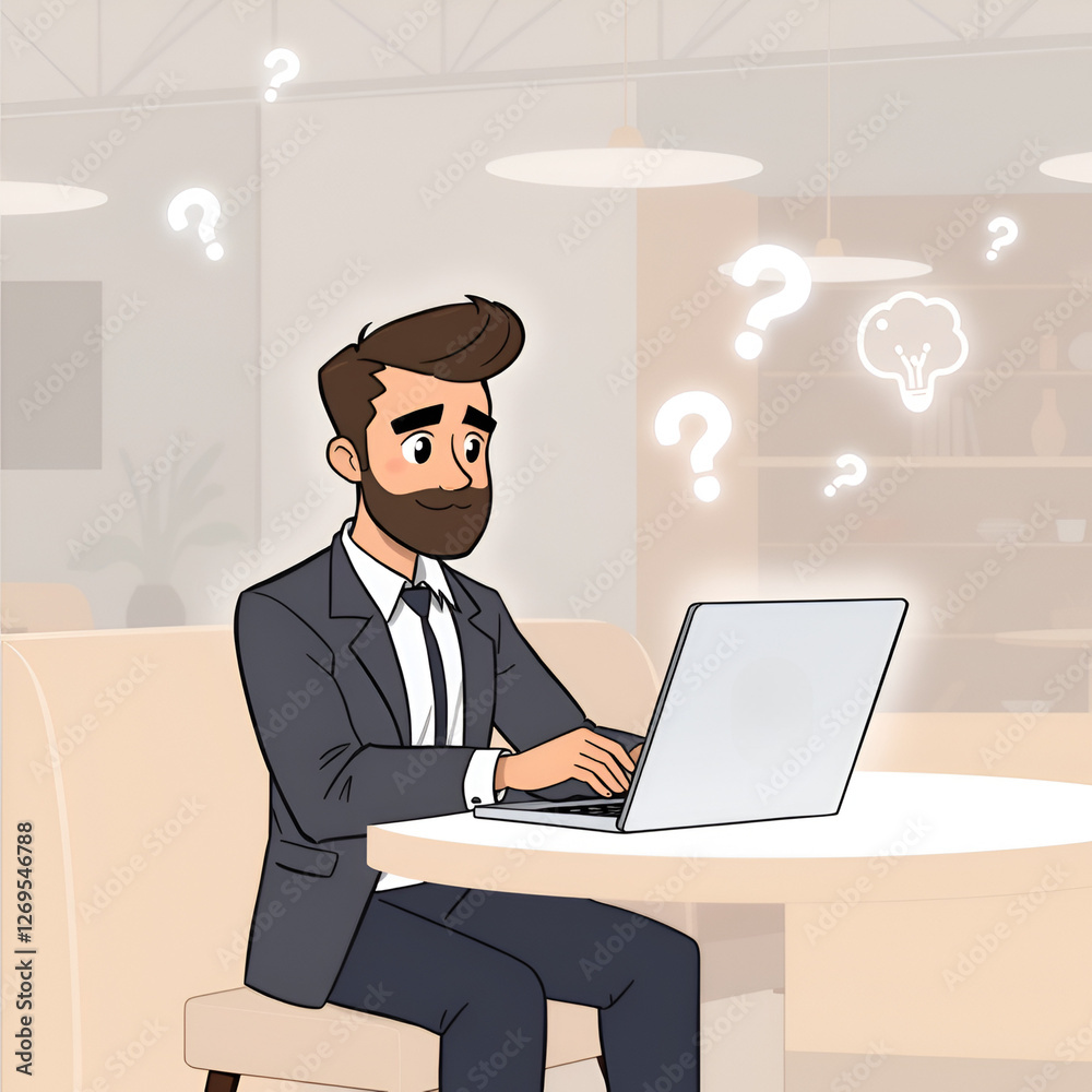 Young Businessman Using Laptop in Café with Floating Question Marks Representing Thinking and Decision-Making Young Businessman Using Laptop in Café with Floating Question Marks Representing Thinking and Decision-Making