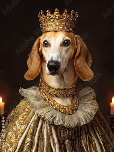 A regal dog wearing a crown and ornate attire, exuding a royal presence against a dark background with candles.