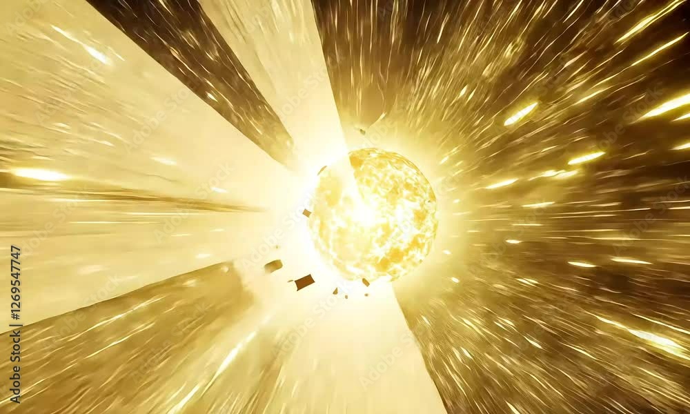 Golden sphere exploding, space travel, light streaks, cosmic background, futuristic design
