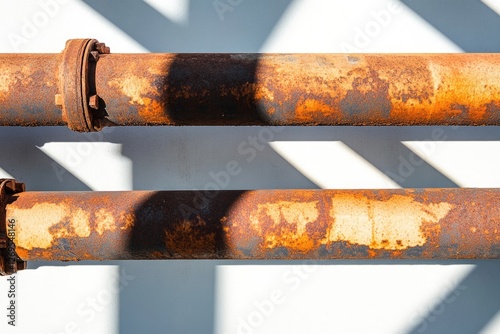 Two rusty pipes affixed to a white wall, casting shadows. photo