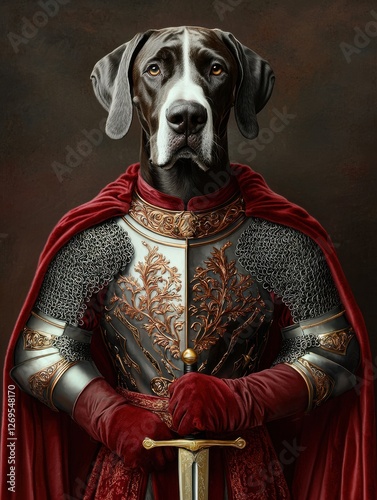 A regal dog in knight armor stands confidently, adorned in a red cape, blending fantasy and elegance with a touch of whimsy.