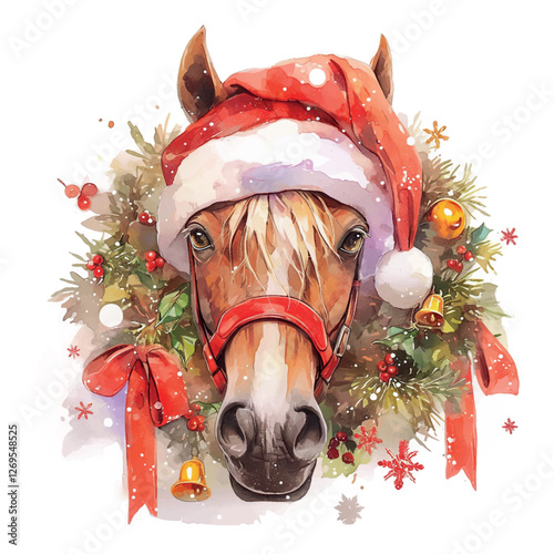 A horse wearing a Santa hat and a wreath of berries. The horse is the main focus of the image, and the wreath and hat add a festive touch to the scene