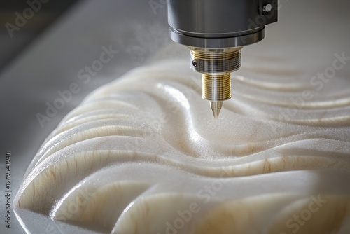 CNC machine precisely carves swirling patterns into a smooth, off-white material, creating a textured surface.