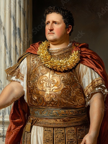 A regal figure in ornate armor and a laurel wreath, embodying power and authority against a classical backdrop.