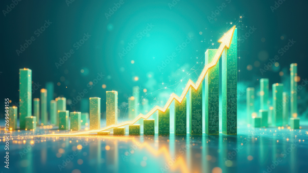 Naklejka premium A digital illustration representing financial growth with rising bars and sparkles.