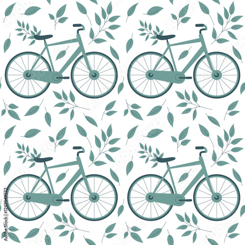 Vector flat art eco seamless pattern features bicycles and green leaves.