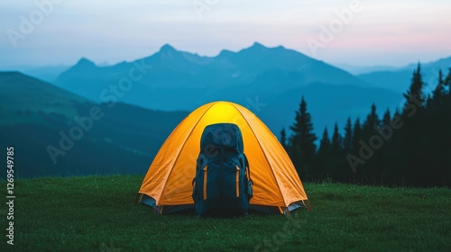 World Sleep Day concept. Glowing Tent Under Moonlit Mountain Landscape Peaceful Outdoor Adventure Retreat