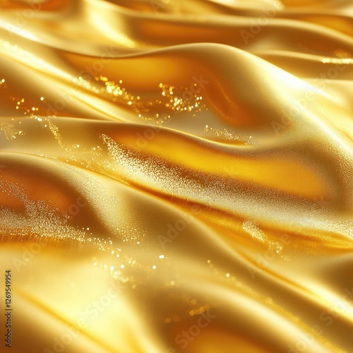 Luxurious gold silk fabric draped elegantly with soft shimmering texture and vibrant highlights creating a rich visual aesthetic