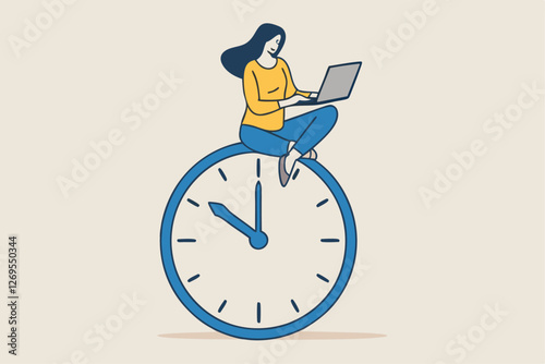 Flexible working hours, work life balance or focus and time management while working from home concept, young lady woman working with laptop while doing yoga or meditation on clock face.