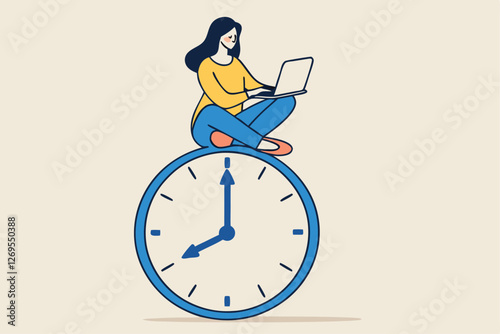 Flexible working hours, work life balance or focus and time management while working from home concept, young lady woman working with laptop while doing yoga or meditation on clock face.