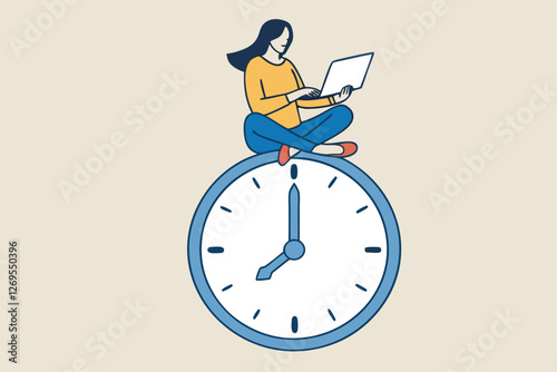 Flexible working hours, work life balance or focus and time management while working from home concept, young lady woman working with laptop while doing yoga or meditation on clock face.