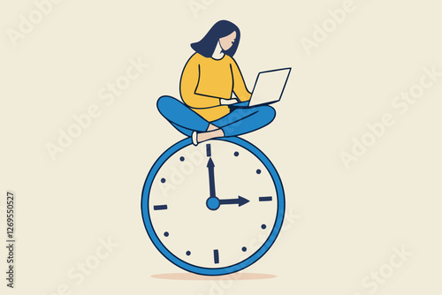 Flexible working hours, work life balance or focus and time management while working from home concept, young lady woman working with laptop while doing yoga or meditation on clock face.
